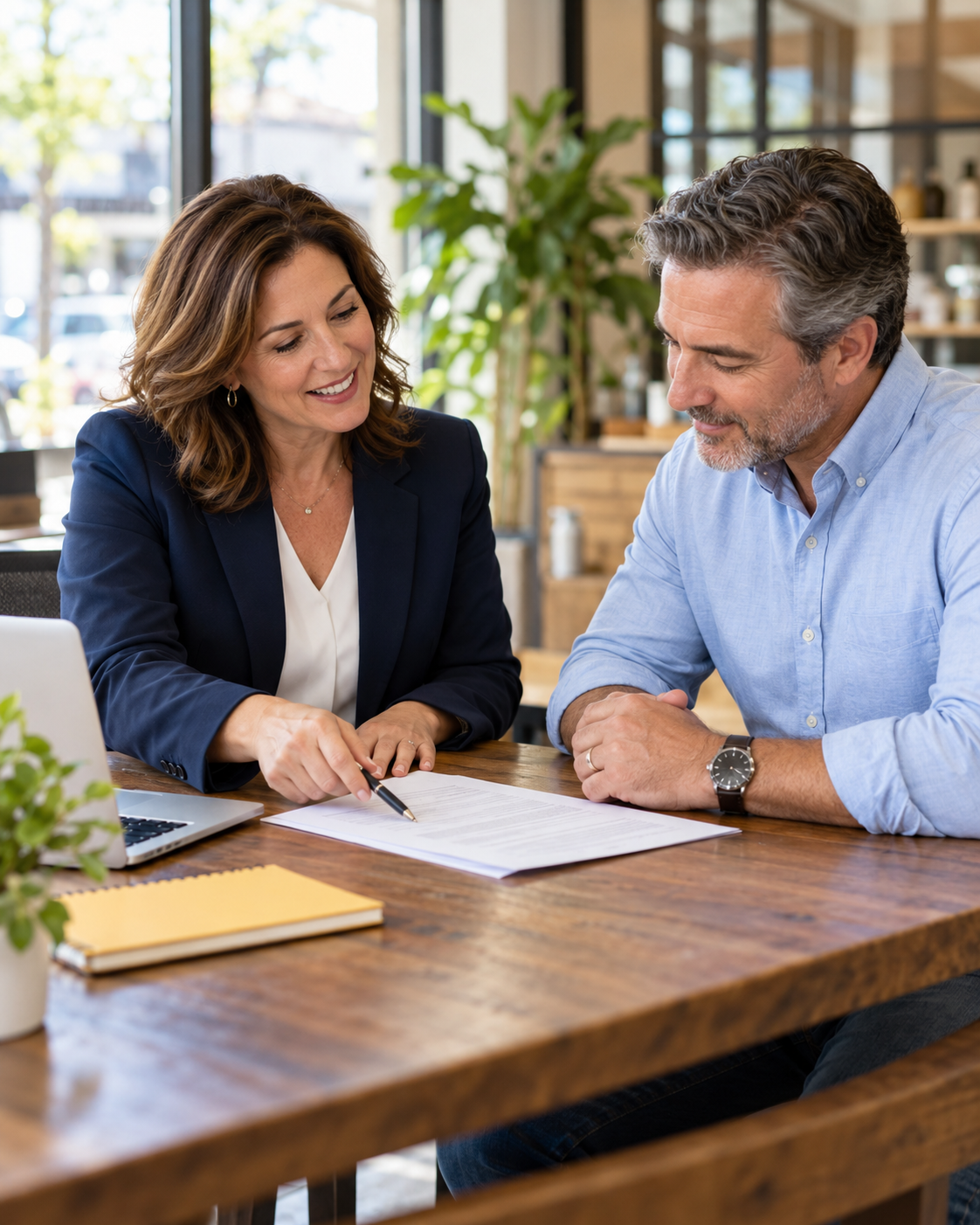 Business owner and insurance advisor reviewing paperwork together